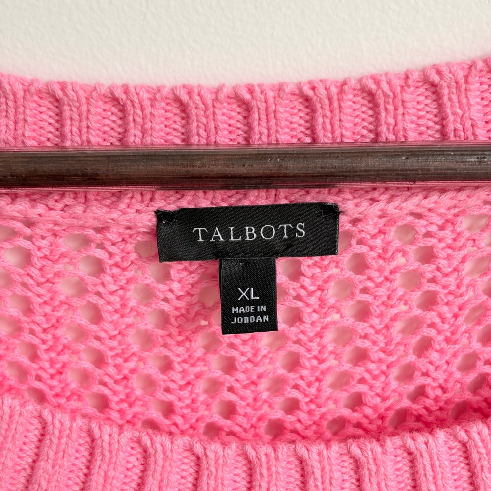 Talbots Open Knit Sweater XL Barbiecore Pink Cotton Pointelle Pullover Raglan - Picture 5 of 6